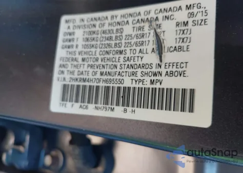 2015 Honda Cr-V Ex-L из США, поврежденный, VIN 2HKRM4H70FH695550